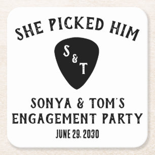 She Picked Him! Guitar Engagement Party Square Paper Coaster