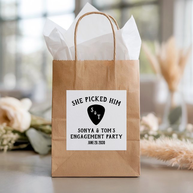 She Picked Him! Guitar Engagement Party Square Sticker (Creator Uploaded)
