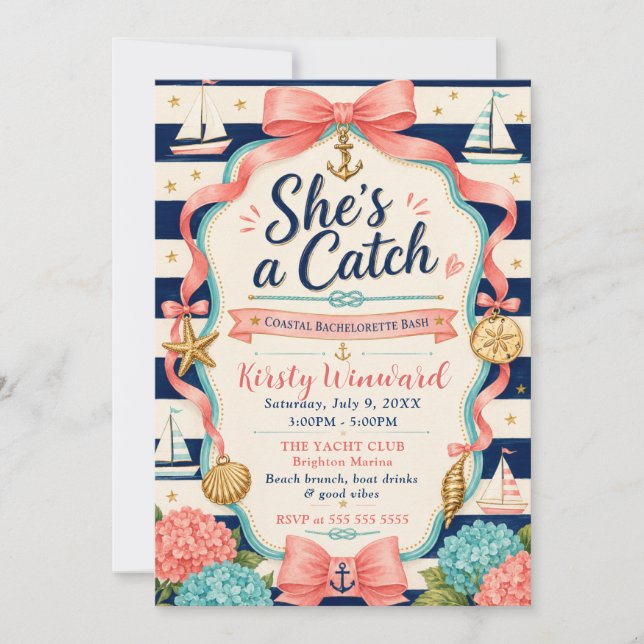 She’s a Catch Coastal Bachelorette Bash Invitation (Front)