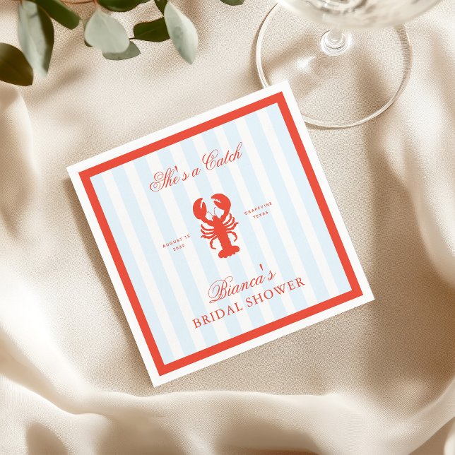 She’s a Catch Lobster Red and Blue Bridal Shower Napkin (Creator Uploaded)