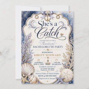 She’s a Catch Navy Coastal Bachelorette Party Invitation