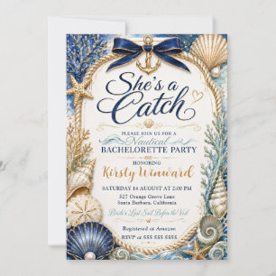 She’s a Catch Navy Nautical Bachelorette Party Invitation