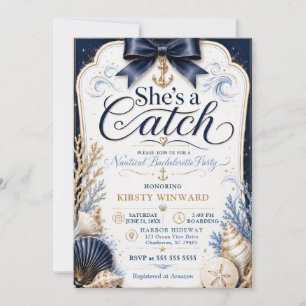 She’s a Catch Navy Nautical Bachelorette Party Invitation