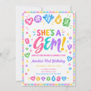 She’s a Gem Colourful Gemstone First Birthday Invitation