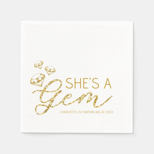 She’s a Gem – Gold Glam Birthday Party Napkins (Front)