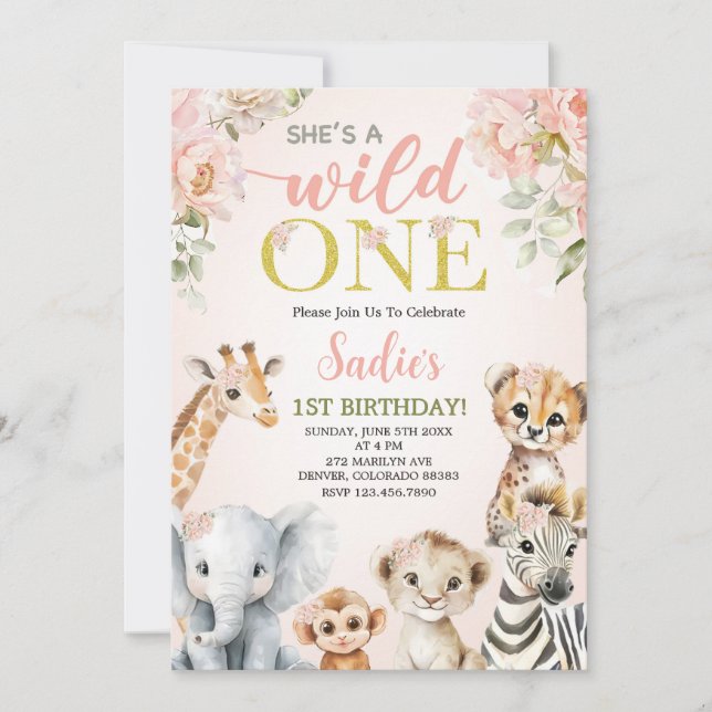 She’s a Wild One Floral Safari Girl 1st Birthday Invitation (Front)