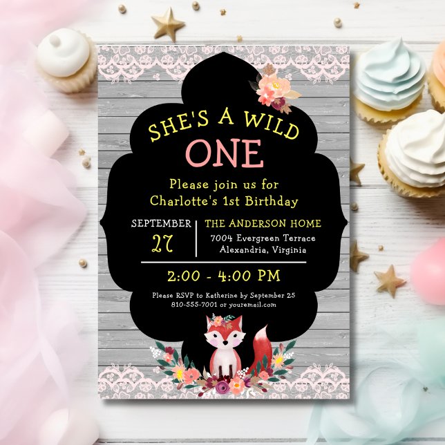 She’s A Wild ONE Fox And Flowers Birthday Invitation (Creator Uploaded)