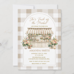 She’s Fresh Off The Market Gingham Beige Bridal Invitation