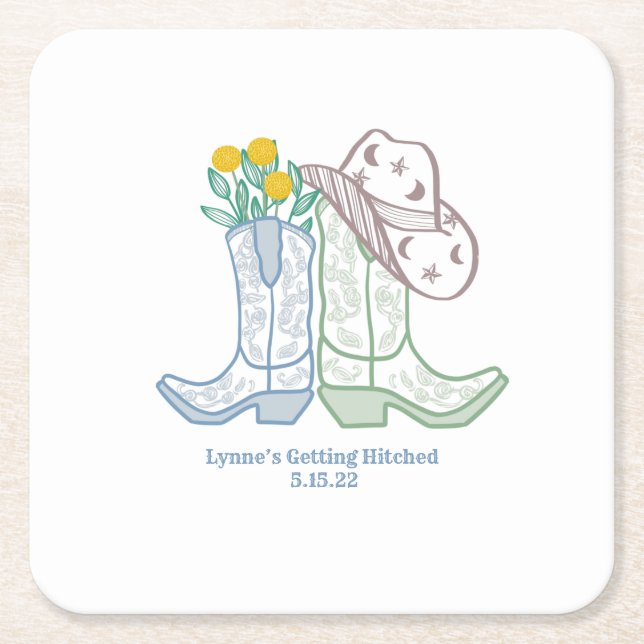 She’s Getting Hitched Bachelorette Rodeo Cowgirl Square Paper Coaster (Front)
