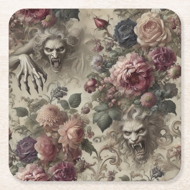 She’s Got Claws – Gothic Floral Square Paper Coaster (Front)