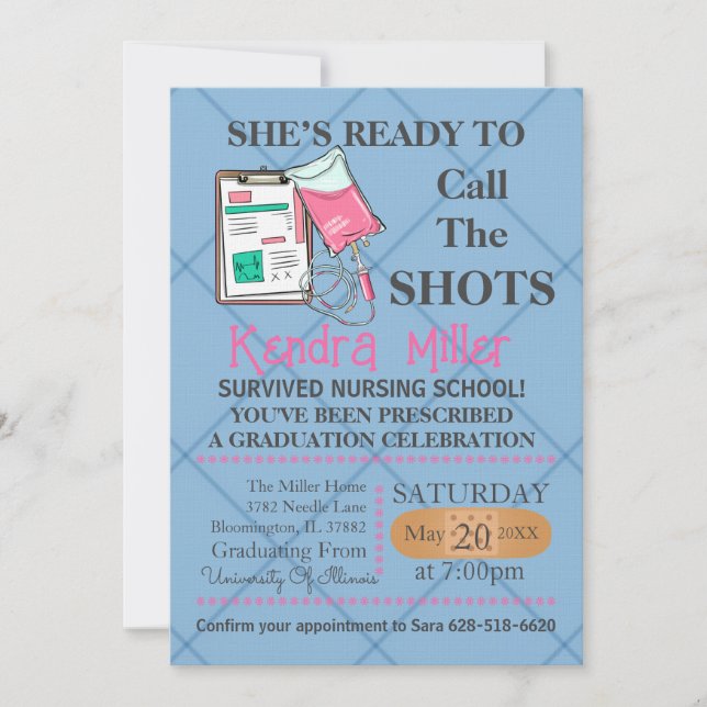 She’s Ready To Call The Shots Nursing Graduation  Invitation (Front)