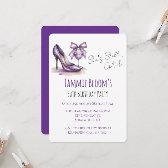 She’s Still Got It Purple High Heel Birthday Party Invitation (Front/Back In Situ)