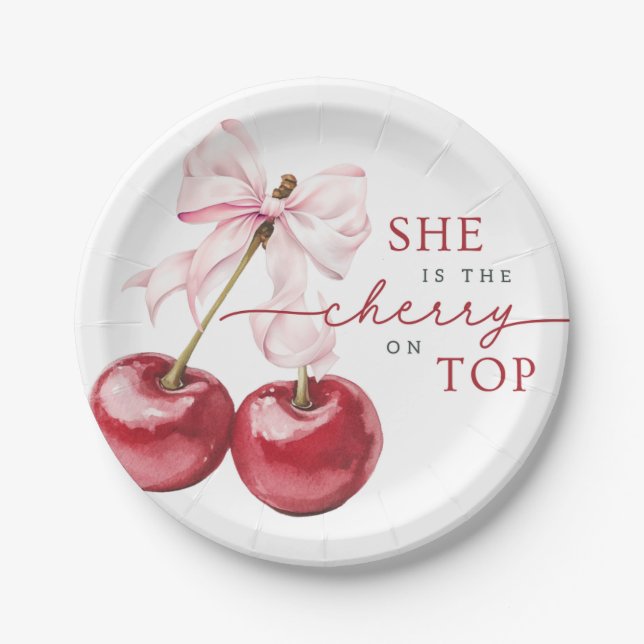 She’s the cherry on top with Pink Bow Paper Plate (Front)