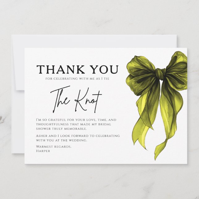 She’s Tying The Knot Chartreuse Bow Bridal Shower Thank You Card (Front)