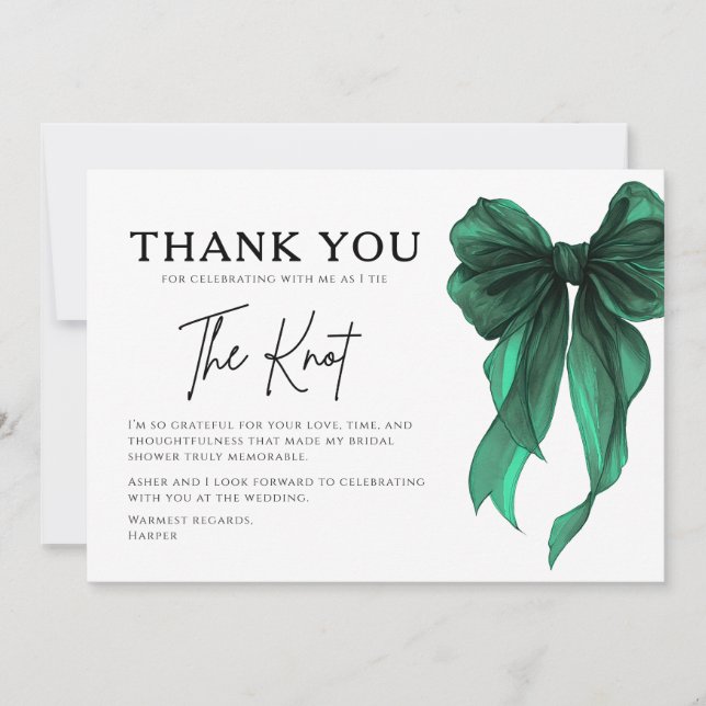 She’s Tying The Knot Green Bow Bridal Shower Thank You Card (Front)