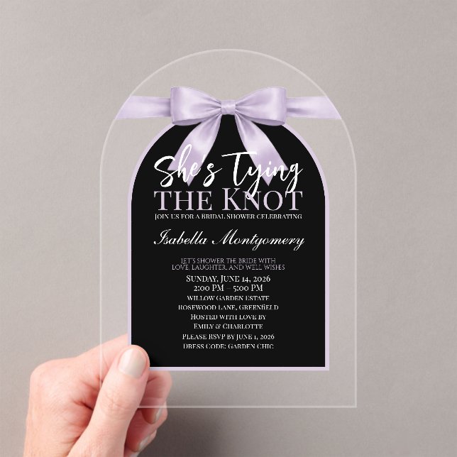 She’s Tying the Knot Lavender Palette Bow Acrylic Invitations (Insitu (Handheld))