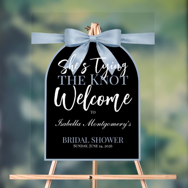 She’s Tying the Knot Light Blue Bow Welcome Acrylic Sign (Neutral)