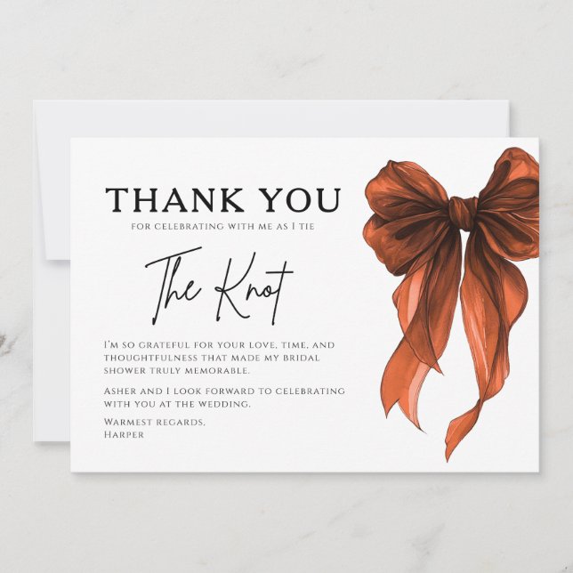 She’s Tying The Knot Orange Bow Bridal Shower Thank You Card (Front)