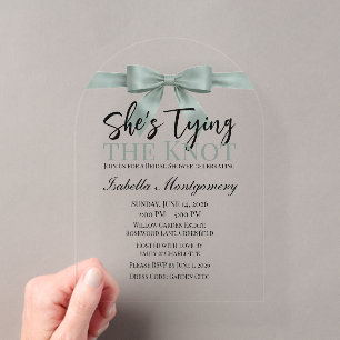 She’s Tying the Knot Theme Eucalyptus Green Bow Acrylic Invitations