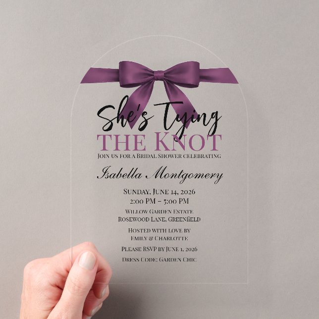 She’s Tying the Knot Theme Plum Bow Acrylic Invitations (Insitu (Handheld))