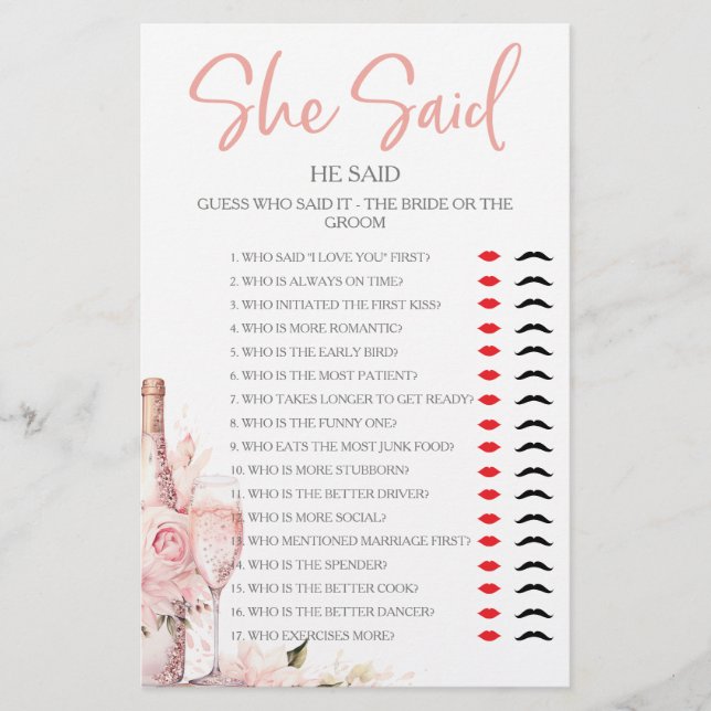 She Said He Said  Bridal Shower Party Game (Front)