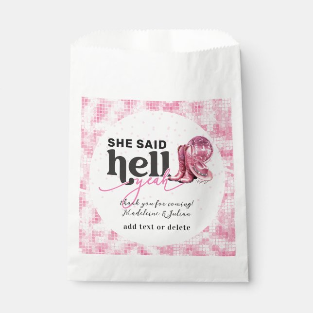 She Said Hell Yeah Pink Western Booth Hat Wedding Favour Bags (Front)
