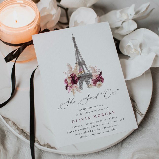 She Said Oui Burgundy Floral Paris Bridal Shower Invitation (Creator Uploaded)