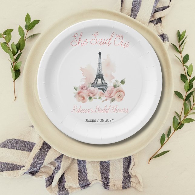 She Said Oui Parisian Pink Floral Bridal Shower Paper Plate (Creator Uploaded)