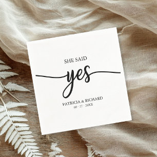 She Said Yes Black And White Engagement Party Napkin