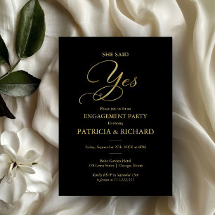 She Said Yes Black Gold Script Engagement Party Invitation