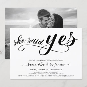 She Said Yes Black& White Photo Engagement Party Invitation