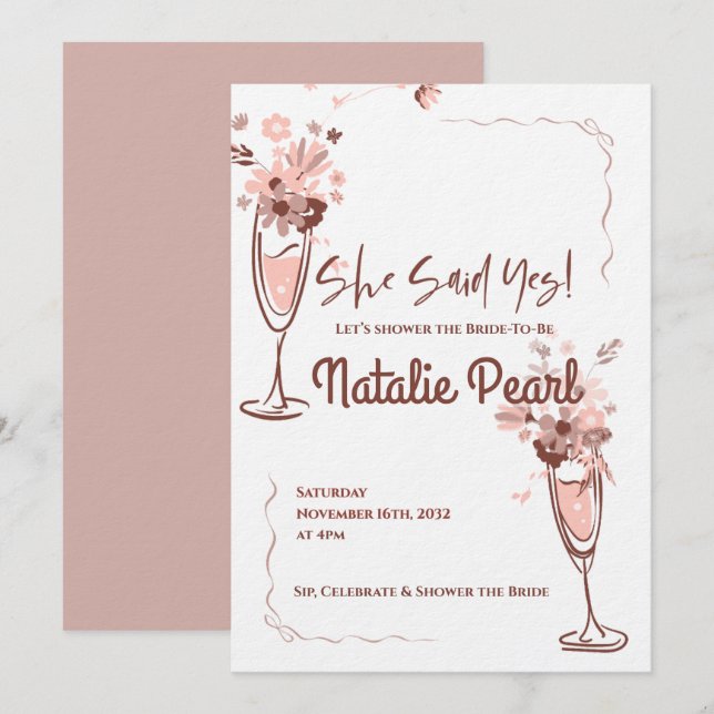 She Said Yes Blush Floral Champagne Bridal Shower Invitation (Front/Back)