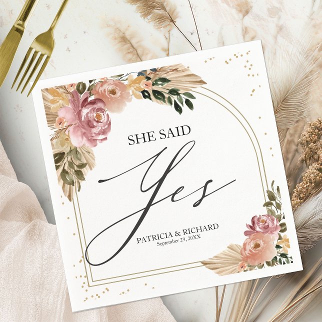 She Said Yes Boho Floral Engagement  Napkin (Creator Uploaded)
