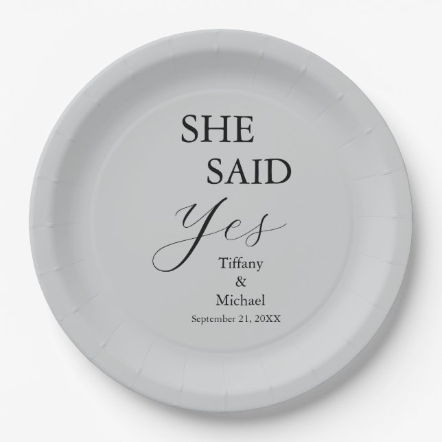 She Said Yes Bridal Shower Grey Paper Plate (Front)
