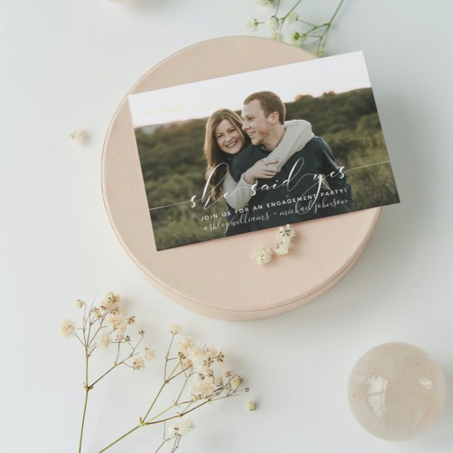 She Said Yes Calligraphy 2 Photo Engagement Party Invitation (Engaged & Excited! Join Us for the Party 🥂💍 [Personalize Here])
