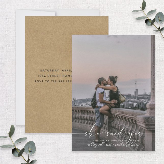 She Said Yes Calligraphy Kraft Photo Engage Party Invitation (Creator Uploaded)