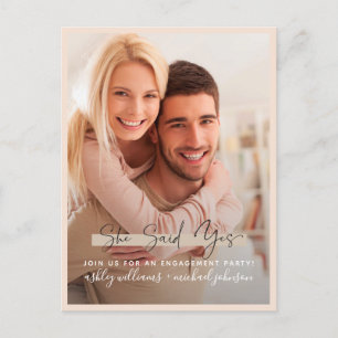 She Said Yes Calligraphy Photo Blush Engagement Announcement Postcard
