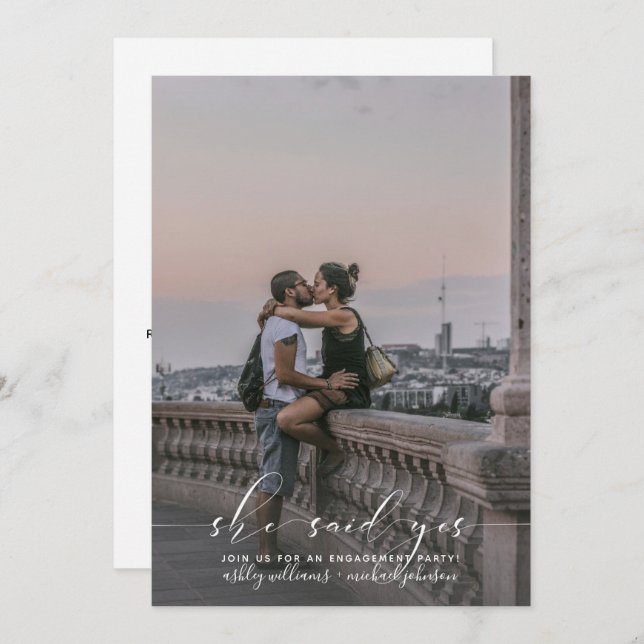 She Said Yes Calligraphy Photo Engagement Party Invitation (Front/Back)
