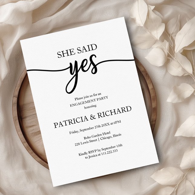 She Said Yes Chic Black And White Engagement Party Invitation (Creator Uploaded)