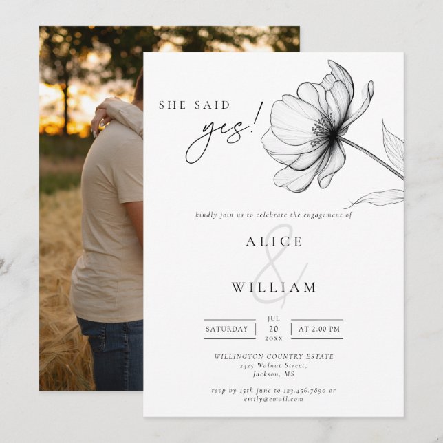 She Said Yes Chic Floral Photo Engagement Party Invitation (Front/Back)