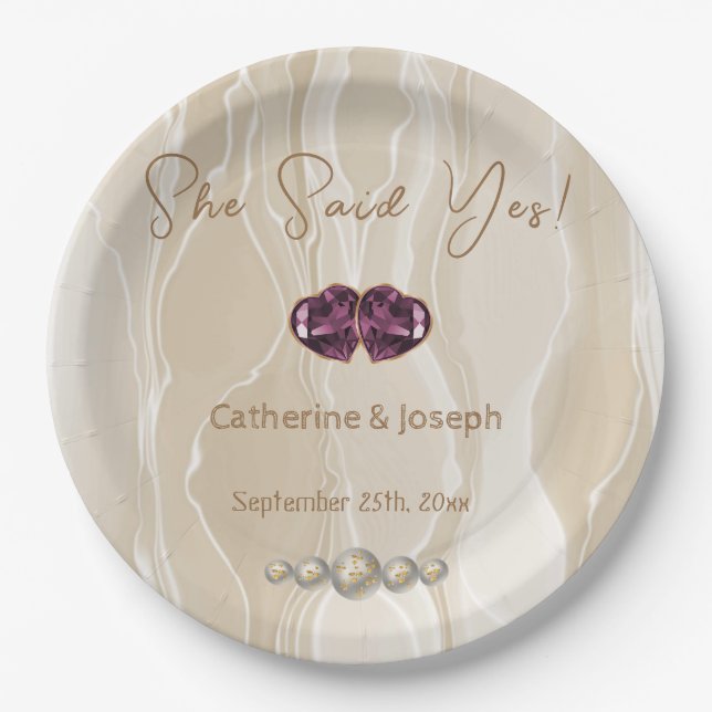 She said Yes, Cream Silk & Pearls & Hearts Paper Plate (Front)