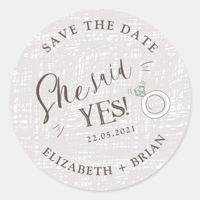 She Said Yes cute illustration Save The Date Classic Round Sticker (Front)