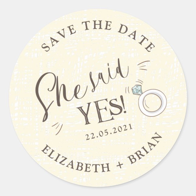 She Said Yes cute illustration Save The Date Classic Round Sticker (Front)