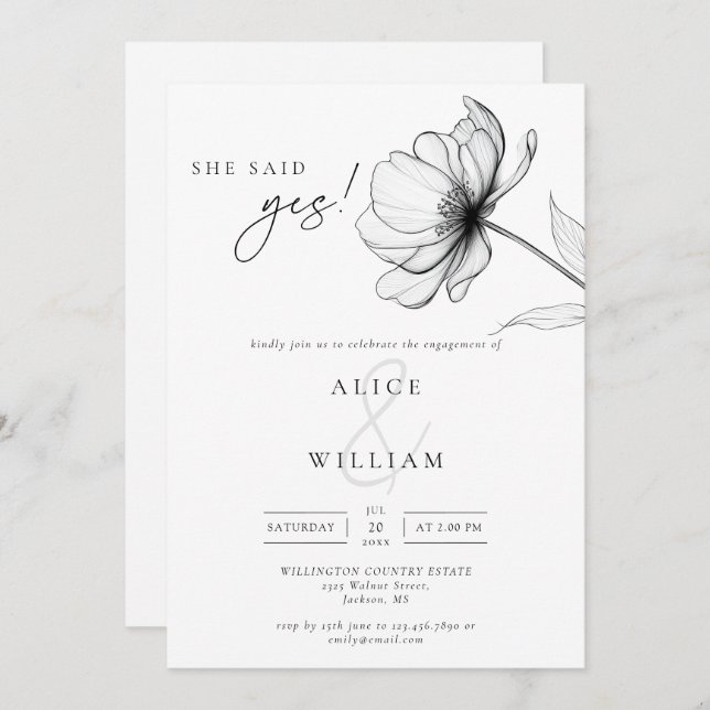 She Said Yes Elegant Chic Floral Engagement Party Invitation (Front/Back)