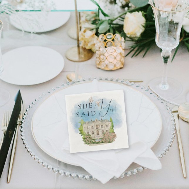 She Said Yes! Elegant Venue doves Fountain flowers Napkin (Creator Uploaded)