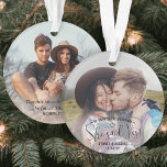 She Said Yes! Engagement 2 Sided Photo Christmas Ornament<br><div class="desc">Celebrate a joyful Christmas proposal and engagement with a custom 2 photo round acrylic ornament. The pictures and all text on this template are simple to personalise, including wording that reads "He popped the question ... she said yes!" The design features a modern black and white typography overlay, trendy script...</div>