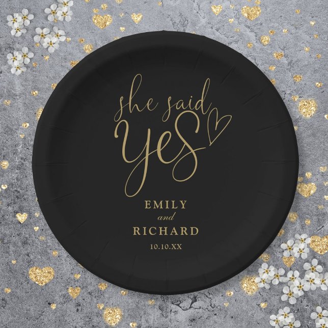 She Said Yes Engagement Party Black And Gold Paper Plate (She Said Yes Engagement Party Black And Gold Paper Plates)