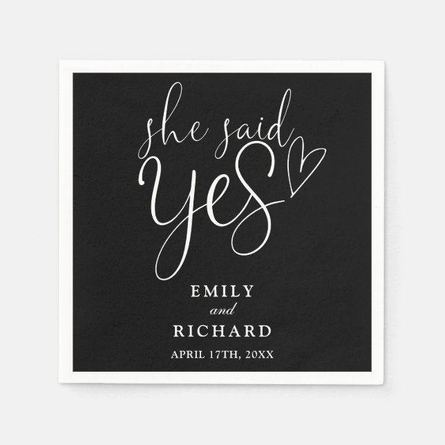 She Said Yes Engagement Party Black And White Napkin (Front)