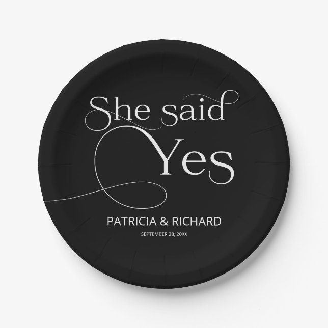 She Said Yes Engagement Party Black Paper Plate (Front)