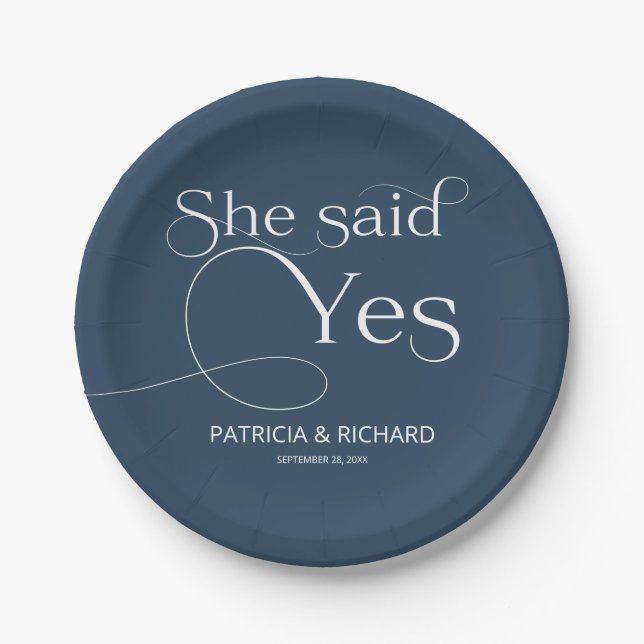 She Said Yes Engagement Party Blue Paper Plate (Front)